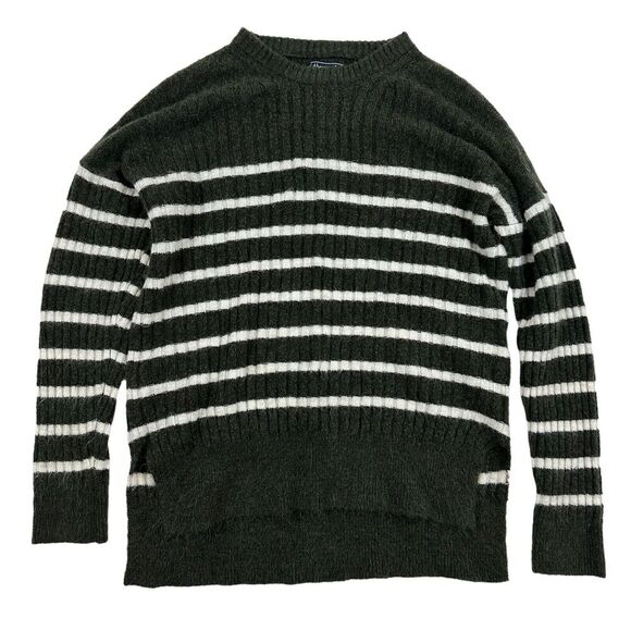 ABERCROMBIE & FITCH Green White Striped Knit Sweater Crew Neck Sz XXS L/S Soft! - Picture 1 of 5